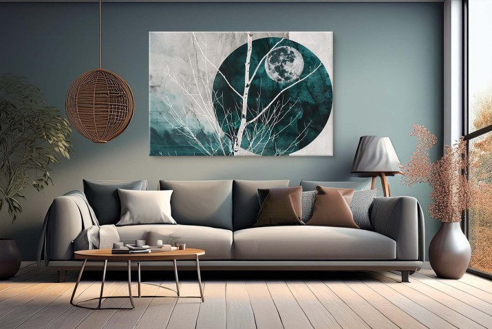 Minimalistyczny Obraz z Księżycem i Drzewem | Nowoczesna dekoracja w odcieniach zieleni i szarości 68101 - zdjęcie 4