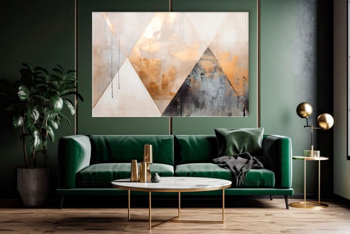 Geometryczny obraz na ścianę- Złote Trójkąty | Elegancki obraz do salonu– Złoto, beż, szarość | Dekoracje do nowoczesnych wnętrz 68147 - zdjęcie 3