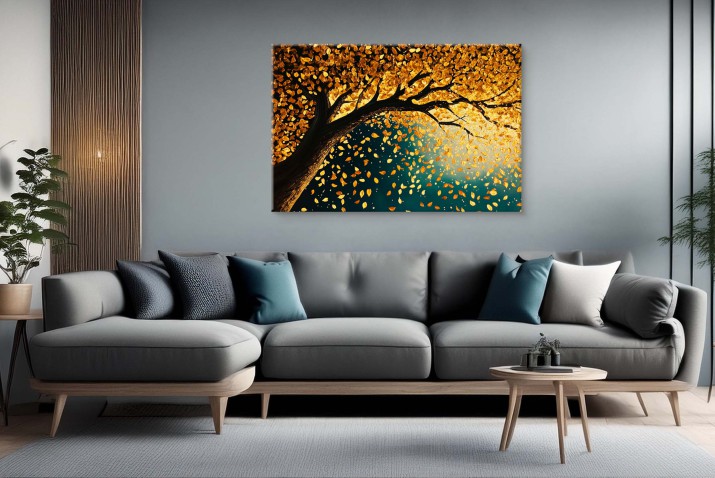 Elegancki obraz na płótnie- Złote Liście | Jesienna dekoracja do salonu | Drzewo w zieleni i złocie 68107 - zdjęcie 4