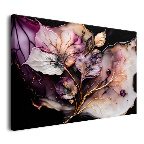 WYPRZEDAŻ 80x120 Nowoczesny Obraz na Ścianę z Motywem Liści - Fiolet, Czerń i Złoto | Luksusowa Kompozycja na Płótnie | Obraz Glamour z motywem liści 68128 - zdjęcie 2