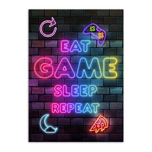 Gamingowy plakat z napisem Eat Game Sleep Repeat – idealny dla gracza | Neonowy plakat do pokoju młodzieżowego 23447 - zdjęcie 4