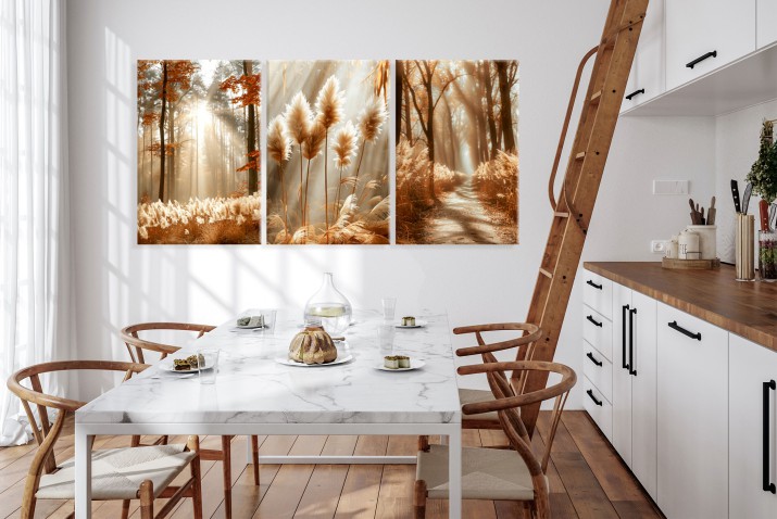 WYPRZEDAŻ 60x120 Tryptyk w stylu boho-  jesienna sceneria z trawami | Obrazy na płótnie Las i Trawy Pampasowe 20946 - zdjęcie 5