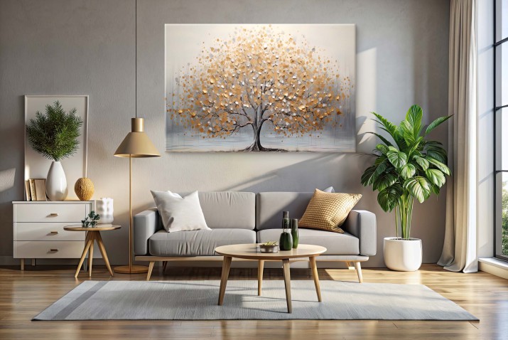 WYPRZEDAŻ 60x90 Obraz na Płótnie- Drzewo Glamour | Elegancki obraz na ścianę Drzewo ze Złotymi liśćmi | Dekoracja w Odcieniach Złota i Szarości 68113 - zdjęcie 4