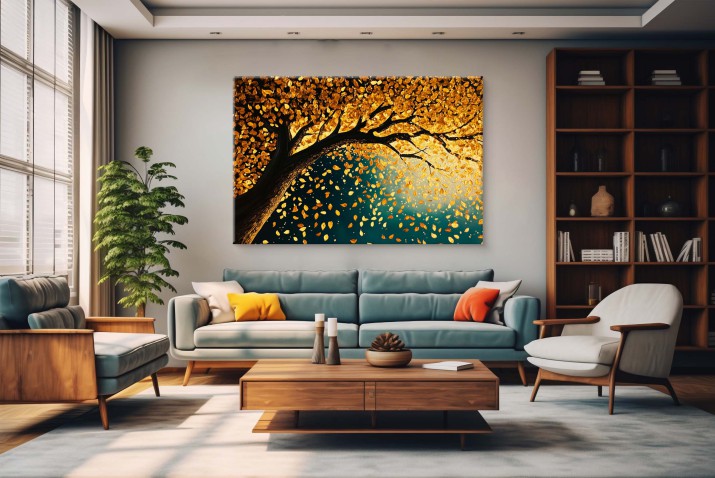 Elegancki obraz na płótnie- Złote Liście | Jesienna dekoracja do salonu | Drzewo w zieleni i złocie 68107 - zdjęcie 5
