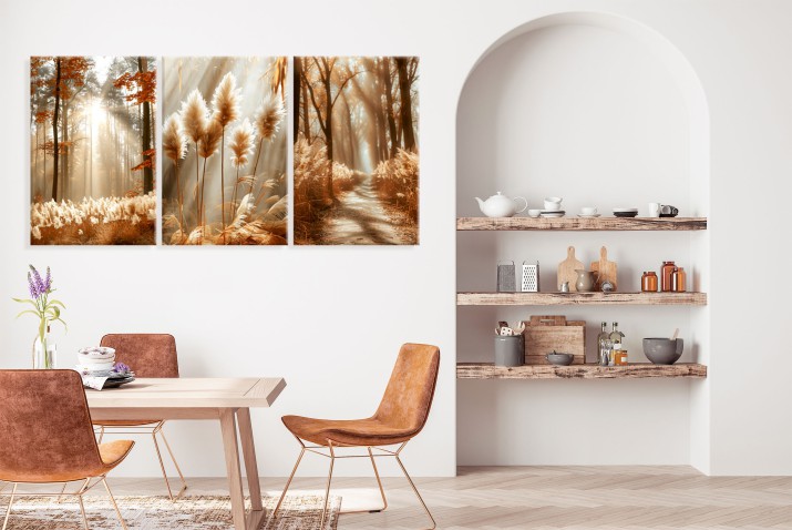 WYPRZEDAŻ 60x120 Tryptyk w stylu boho-  jesienna sceneria z trawami | Obrazy na płótnie Las i Trawy Pampasowe 20946 - zdjęcie 6
