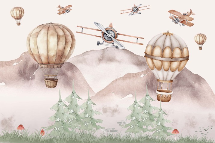 Pastelowa Fototapeta dziecięca– balony, góry i samoloty | Beżowa Dekoracja w stylu retro, vintage do pokoju dziecka 21347 - zdjęcie 2