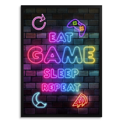 Gamingowy plakat z napisem Eat Game Sleep Repeat – idealny dla gracza | Neonowy plakat do pokoju młodzieżowego 23447 Naklejkomania - zdjecie 1