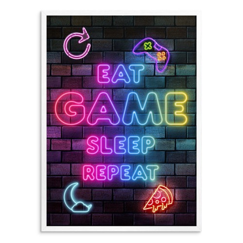 Gamingowy plakat z napisem Eat Game Sleep Repeat – idealny dla gracza | Neonowy plakat do pokoju młodzieżowego 23447 - zdjęcie 2