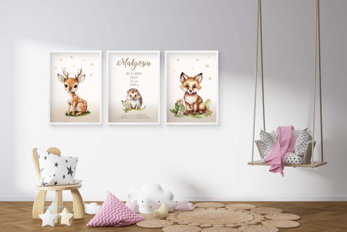 Plakaty z Metryczką, Prezent na narodziny dziecka, Chrzest | Sarenki, Leśne zwierzątka | Beżowe dekoracje boho do pokoju dziecięcego MT016 - zdjęcie 4