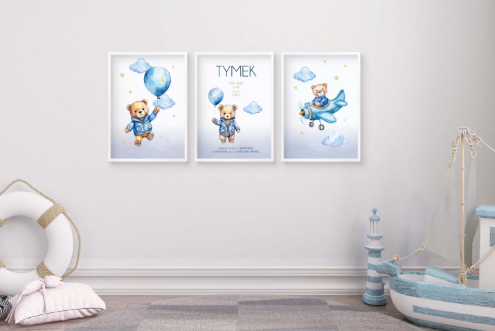 Personalizowany zestaw plakatów z metryczką narodzin – Miś, Samolot, Balon |  Niebieska dekoracja do pokoju chłopca |  Prezent na urodziny, Chrzest MT017 - zdjęcie 6