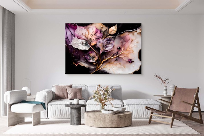 WYPRZEDAŻ 80x120 Nowoczesny Obraz na Ścianę z Motywem Liści - Fiolet, Czerń i Złoto | Luksusowa Kompozycja na Płótnie | Obraz Glamour z motywem liści 68128 - zdjęcie 5