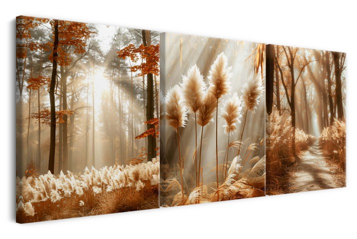 WYPRZEDAŻ 60x120 Tryptyk w stylu boho-  jesienna sceneria z trawami | Obrazy na płótnie Las i Trawy Pampasowe 20946 - zdjęcie 8