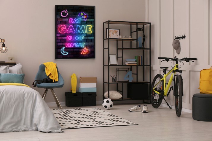 Gamingowy plakat z napisem Eat Game Sleep Repeat – idealny dla gracza | Neonowy plakat do pokoju młodzieżowego 23447 - zdjęcie 5