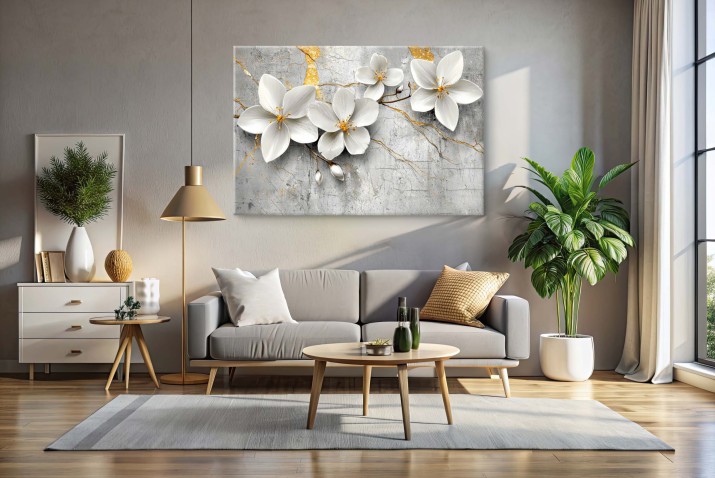 Elegancka dekoracja ścienna – Kwiaty magnolii w stylu glamour | Nowoczesny obraz na płótnie – Białe kwiaty i złote zdobienia 68177 - zdjęcie 3