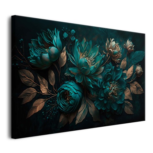 WYPRZEDAŻ 60x90 Elegancki Obraz w stylu Glamour- Turkus i Złoto | Kwiaty z efektem 3D 64692 - zdjęcie 2