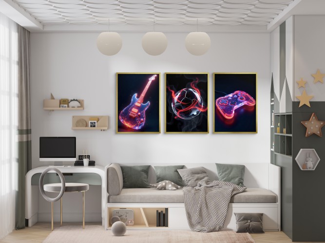 Neonowe Plakaty- Muzyka, Sport, Gaming | Nowoczesna Dekoracja Ścienna do Pokoju Młodzieżowego- Gitara, Piłka, Pad 81335 - zdjęcie 7