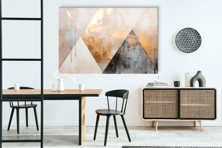 Geometryczny obraz na ścianę- Złote Trójkąty | Elegancki obraz do salonu– Złoto, beż, szarość | Dekoracje do nowoczesnych wnętrz 68147 - zdjęcie 4
