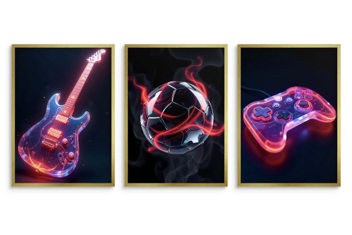 Neonowe Plakaty- Muzyka, Sport, Gaming | Nowoczesna Dekoracja Ścienna do Pokoju Młodzieżowego- Gitara, Piłka, Pad 81335 - zdjęcie 3