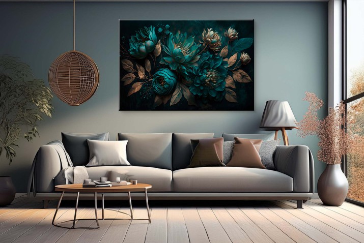WYPRZEDAŻ 60x90 Elegancki Obraz w stylu Glamour- Turkus i Złoto | Kwiaty z efektem 3D 64692 - zdjęcie 3