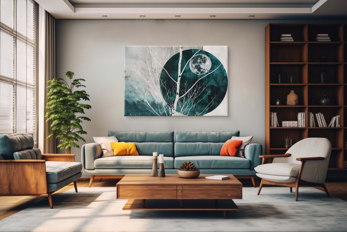 Minimalistyczny Obraz z Księżycem i Drzewem | Nowoczesna dekoracja w odcieniach zieleni i szarości 68101 - zdjęcie 5