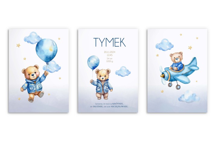 Personalizowany zestaw plakatów z metryczką narodzin – Miś, Samolot, Balon |  Niebieska dekoracja do pokoju chłopca |  Prezent na urodziny, Chrzest MT017 - zdjęcie 7