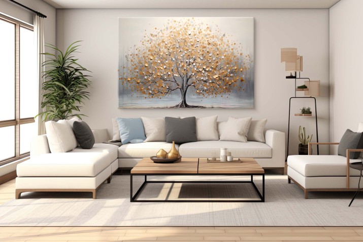 WYPRZEDAŻ 60x90 Obraz na Płótnie- Drzewo Glamour | Elegancki obraz na ścianę Drzewo ze Złotymi liśćmi | Dekoracja w Odcieniach Złota i Szarości 68113 - zdjęcie 3