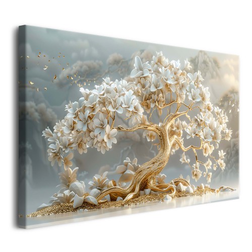 Obraz na płótnie- Złote Drzewo Bonsai | Nowoczesny Obraz Glamour – Kwitnące Drzewo | Dekoracja ścienna  do salonu, sypialni 68109