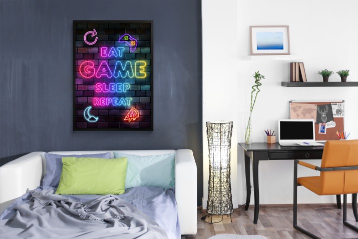 Gamingowy plakat z napisem Eat Game Sleep Repeat – idealny dla gracza | Neonowy plakat do pokoju młodzieżowego 23447 - zdjęcie 6