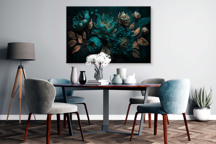 WYPRZEDAŻ 60x90 Elegancki Obraz w stylu Glamour- Turkus i Złoto | Kwiaty z efektem 3D 64692 - zdjęcie 4