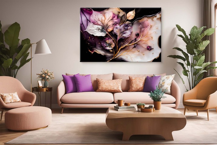WYPRZEDAŻ 80x120 Nowoczesny Obraz na Ścianę z Motywem Liści - Fiolet, Czerń i Złoto | Luksusowa Kompozycja na Płótnie | Obraz Glamour z motywem liści 68128 - zdjęcie 3