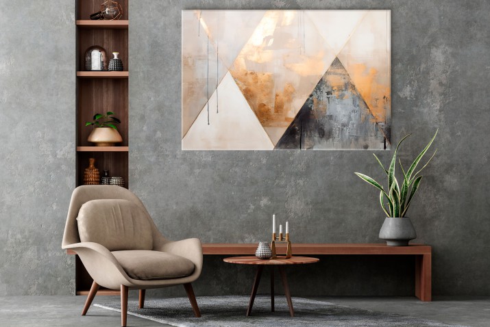 Geometryczny obraz na ścianę- Złote Trójkąty | Elegancki obraz do salonu– Złoto, beż, szarość | Dekoracje do nowoczesnych wnętrz 68147 - zdjęcie 5