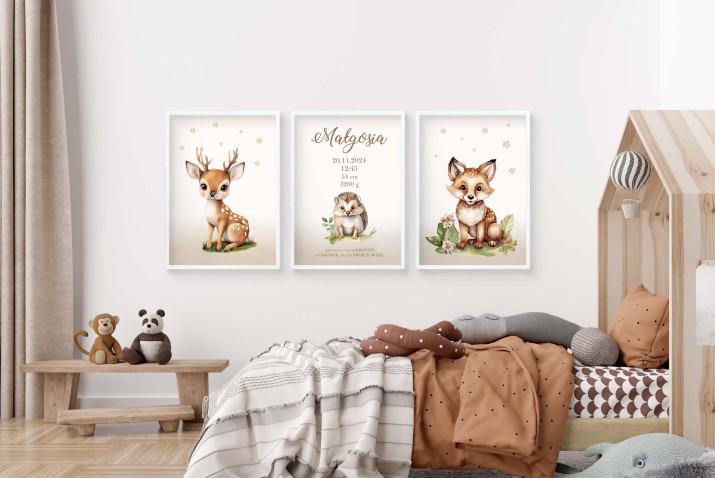 Plakaty z Metryczką, Prezent na narodziny dziecka, Chrzest | Sarenki, Leśne zwierzątka | Beżowe dekoracje boho do pokoju dziecięcego MT016 - zdjęcie 5