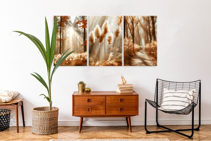 WYPRZEDAŻ 60x120 Tryptyk w stylu boho-  jesienna sceneria z trawami | Obrazy na płótnie Las i Trawy Pampasowe 20946 - zdjęcie 7
