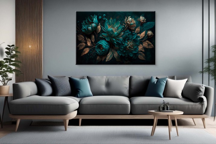 WYPRZEDAŻ 60x90 Elegancki Obraz w stylu Glamour- Turkus i Złoto | Kwiaty z efektem 3D 64692 - zdjęcie 5