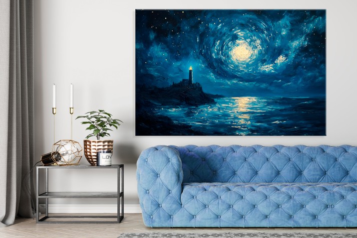 Abstrakcyjny pejzaż na płótnie- Latarnia morska nocą | Obraz na ścianę inspirowany Van Goghiem 20958 - zdjęcie 5