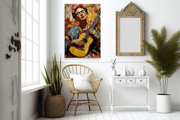 Wyrazisty obraz na płótnie - Kobieta z gitarą w stylu Fridy Kahlo | Kolorowa dekoracja do wnętrz w stylu Vintage 20989 - zdjęcie 3