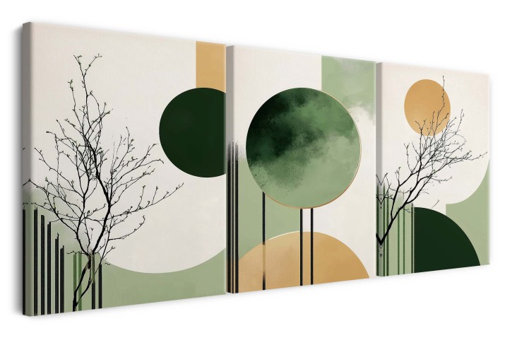 Minimalistyczne Obrazy w stylu skandynawskim, Zen | Tryptyk w pastelowych odcieniach zieleni i złota do salonu, sypialni lub biura 20975 - zdjęcie 2