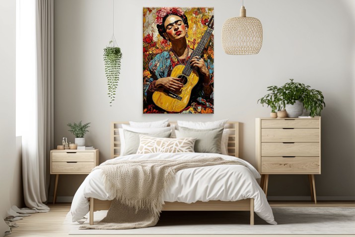 Wyrazisty obraz na płótnie - Kobieta z gitarą w stylu Fridy Kahlo | Kolorowa dekoracja do wnętrz w stylu Vintage 20989 - zdjęcie 5