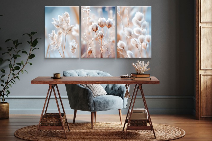 WYPRZEDAŻ 60x120 Pastelowy Tryptyk- Trawy  | Dekoracyjne obrazy na płótnie w odcieniach beżu i błękitu | Subtelna Dekoracja w stylu skandynawskim 20971 - zdjęcie 4