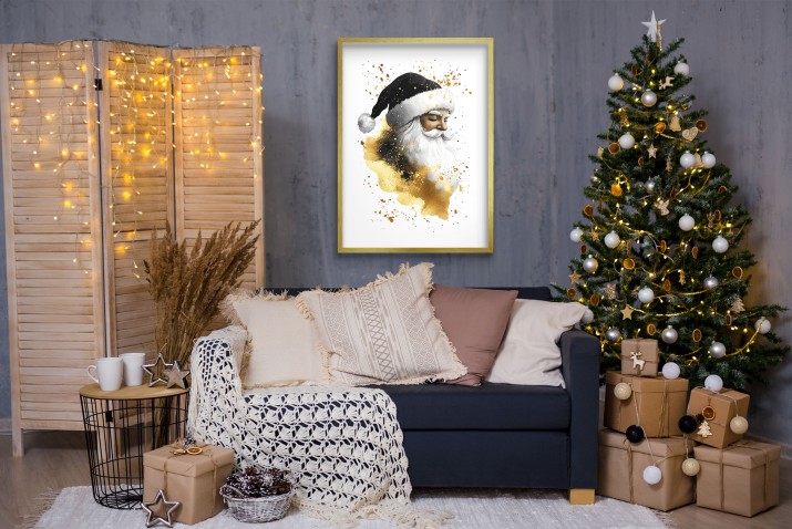 Nowoczesny plakat świąteczny w Złocie i Czerni- Portret Świętego Mikołaja | Elegancka dekoracja świąteczna Glamour 23476 - zdjęcie 5