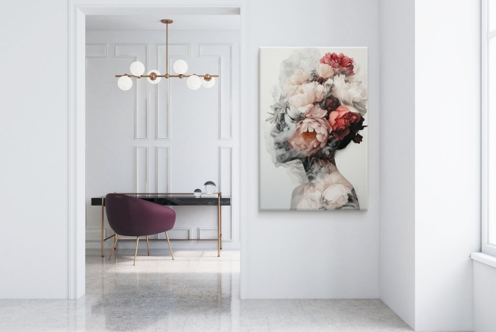 Surrealistyczna dekoracja – Portret Kobiety z kwiatami w subtelnych barwach | Abstrakcyjny obraz do eleganckich wnętrz 20985 - zdjęcie 3