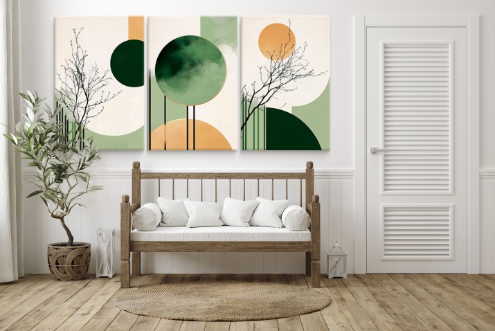 Minimalistyczne Obrazy w stylu skandynawskim, Zen | Tryptyk w pastelowych odcieniach zieleni i złota do salonu, sypialni lub biura 20975 - zdjęcie 5