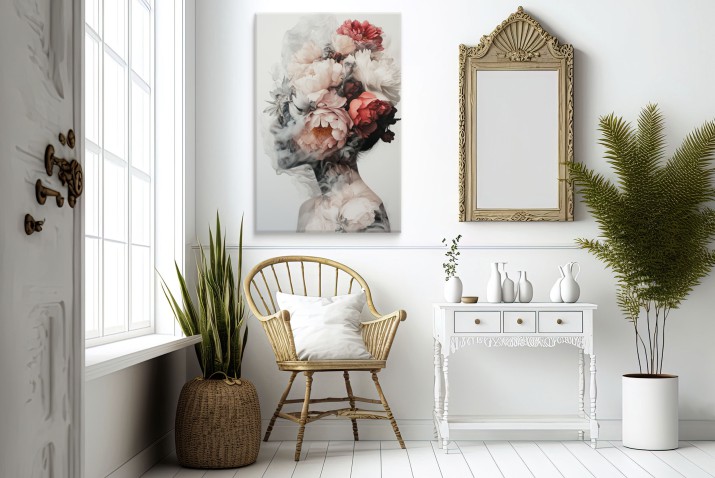 Surrealistyczna dekoracja – Portret Kobiety z kwiatami w subtelnych barwach | Abstrakcyjny obraz do eleganckich wnętrz 20985 - zdjęcie 4