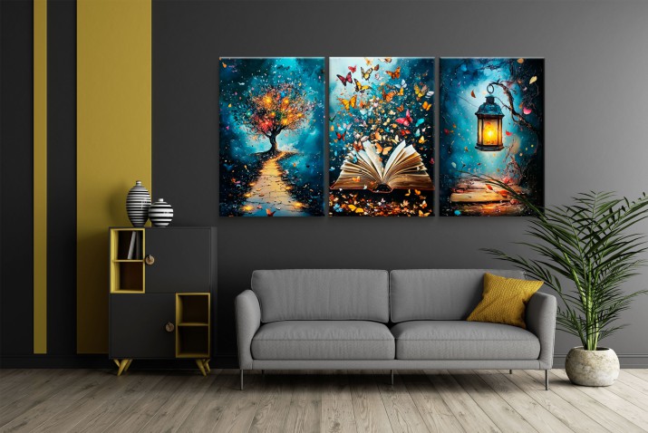 Dekoracja ścienna w stylu Fantasy- Trzy baśniowe Obrazy na Płótnie | Tryptyk z Motylami, Księgą i Latarnią w odcieniach granatu i złota 20976 - zdjęcie 5