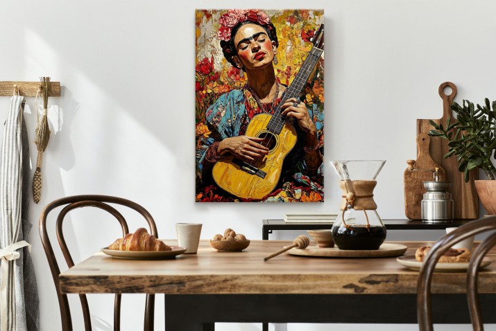 Wyrazisty obraz na płótnie - Kobieta z gitarą w stylu Fridy Kahlo | Kolorowa dekoracja do wnętrz w stylu Vintage 20989 - zdjęcie 4