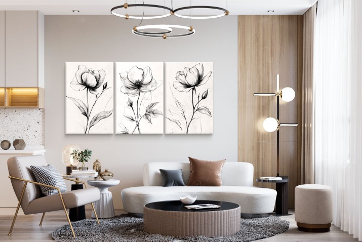 Elegancki Czarno-biały Tryptyk z subtelną grafiką | Minimalistyczne Obrazy na płótnie- szkice kwiatów | Nowoczesna dekoracja ścienna do salonu, sypialni 20982 - zdjęcie 3