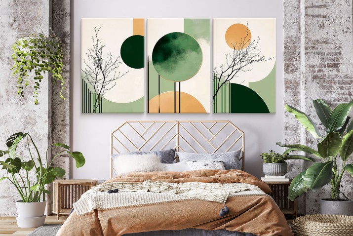 Minimalistyczne Obrazy w stylu skandynawskim, Zen | Tryptyk w pastelowych odcieniach zieleni i złota do salonu, sypialni lub biura 20975 - zdjęcie 4