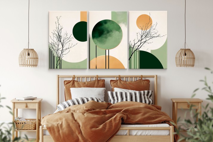 Minimalistyczne Obrazy w stylu skandynawskim, Zen | Tryptyk w pastelowych odcieniach zieleni i złota do salonu, sypialni lub biura 20975 - zdjęcie 3