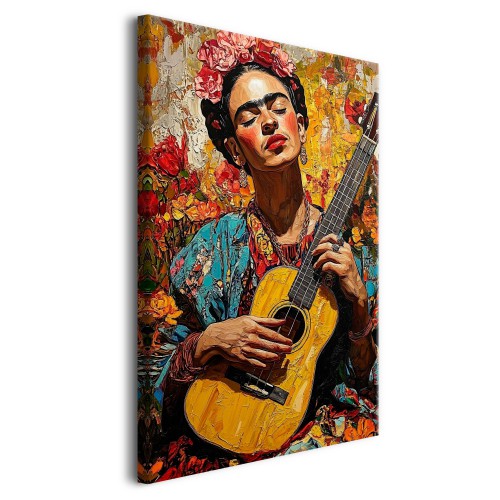 Wyrazisty obraz na płótnie - Kobieta z gitarą w stylu Fridy Kahlo | Kolorowa dekoracja do wnętrz w stylu Vintage 20989 - zdjęcie 2