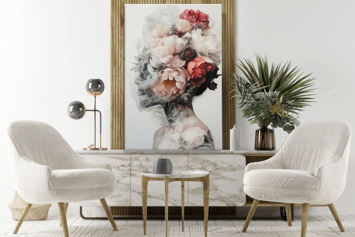 Surrealistyczna dekoracja – Portret Kobiety z kwiatami w subtelnych barwach | Abstrakcyjny obraz do eleganckich wnętrz 20985 - zdjęcie 5